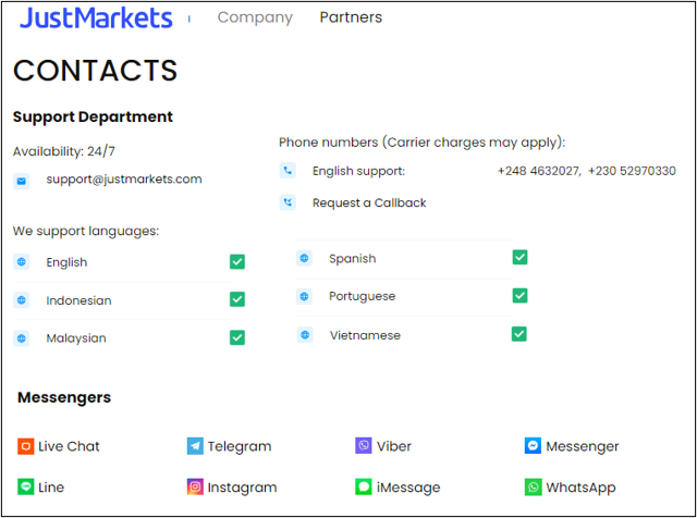 JustMarkets Contact